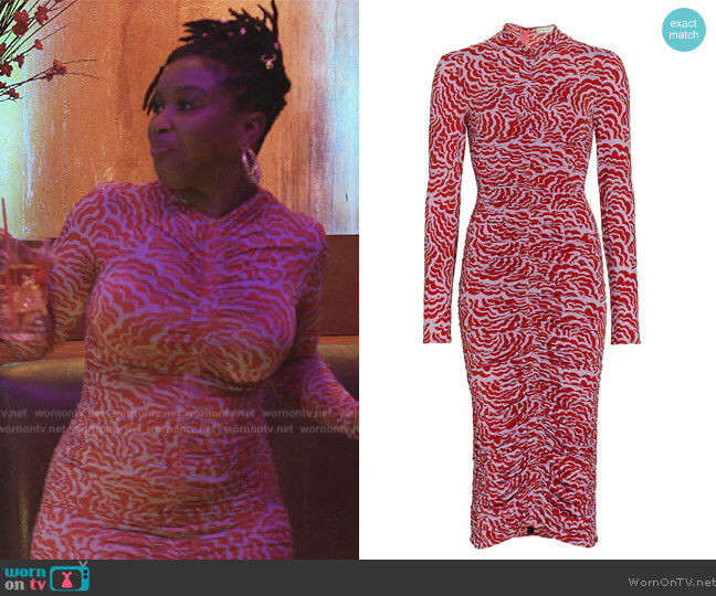 A.L.C. Ansel Floral Ruched Bodycon Midi Dress worn by (Courtney Taylor) on Abbott Elementary