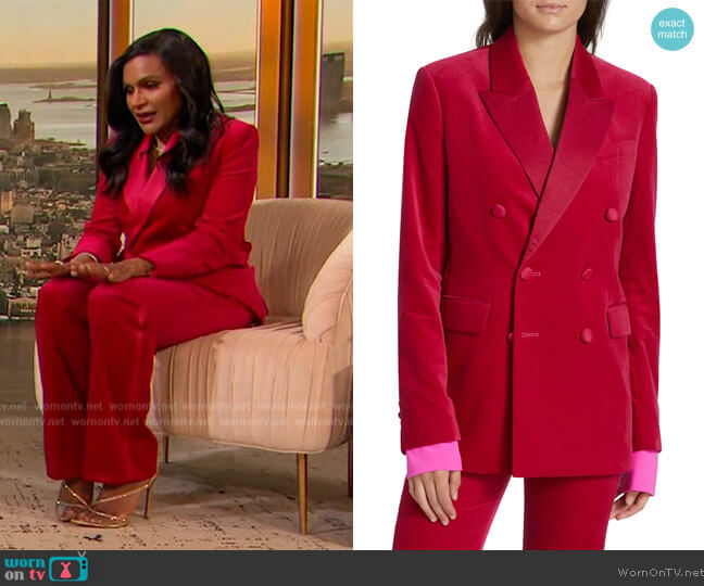 A.L.C. Declan Double-Breasted Velvet Blazer worn by Mindy Kaling on The Drew Barrymore Show