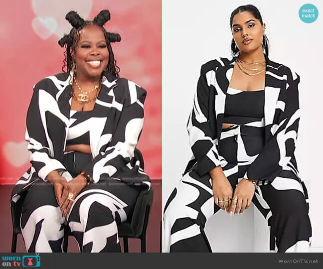 Asos Curve Suit Jacket in black & white swirl print worn by Amber Riley on Access Hollywood
