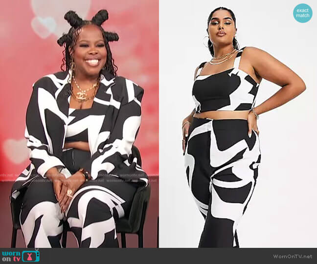 Asos Curve Tailored Bralet in black & white swirl print worn by Amber Riley on Access Hollywood