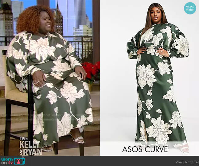 ASOS Curve Satin Maxi Dress with batwing sleeve in stencil floral worn by Gabourey Sidibe on Live with Kelly and Mark