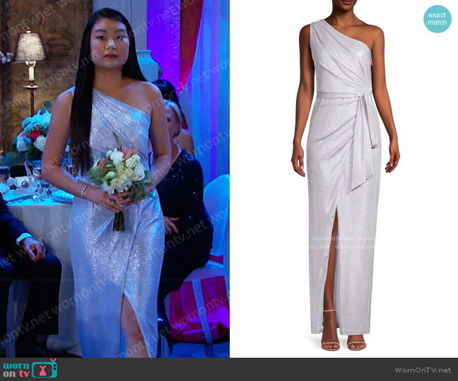 Aidan by Aidan Mattox One-Shoulder Column Gown worn by Wendy Shin (Victoria Grace) on Days of our Lives