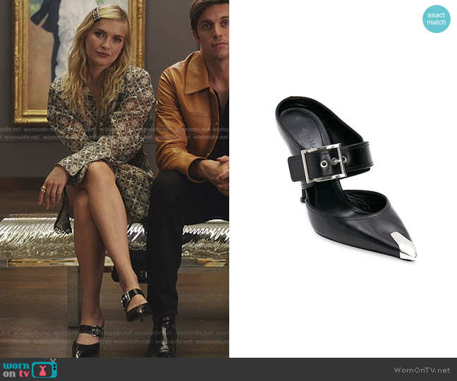 Alexander McQueen Leather Buckle Point-Toe Mules worn by Camille (Camille Razat) on Emily in Paris