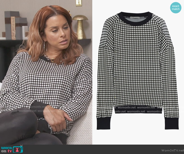 Alice + Olivia Natalie gingham French cotton-blend terry sweatshirt worn by Robyn Dixon on The Real Housewives of Potomac