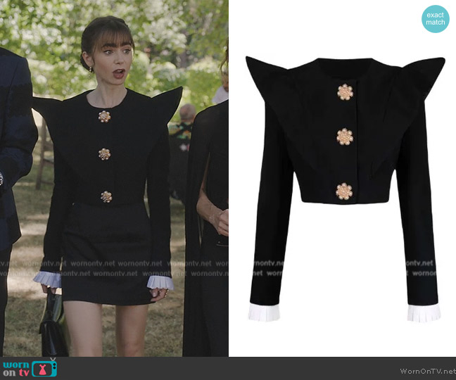 Andrew GN Pointed Shoulder Cropped Jacket worn by Emily Cooper (Lily Collins) on Emily in Paris