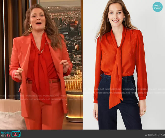 Ann Taylor Chain Jacquard Tie Neck Top worn by Drew Barrymore on The Drew Barrymore Show