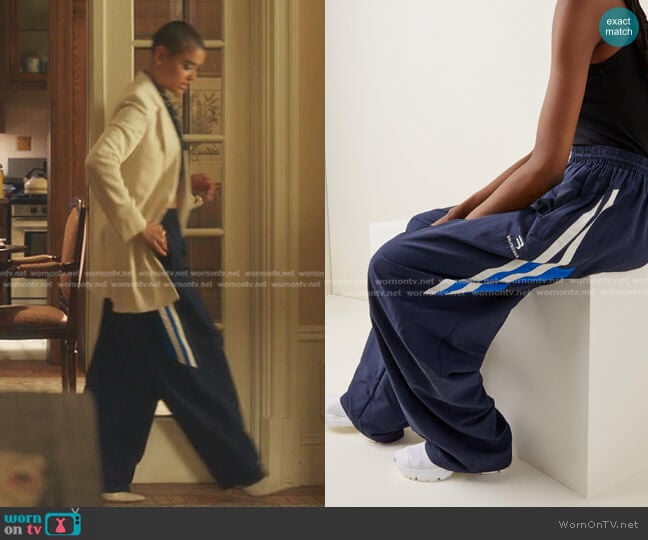 Balenciaga Blue Striped Shell Track Pants worn by Julien Calloway (Jordan Alexander) on Gossip Girl