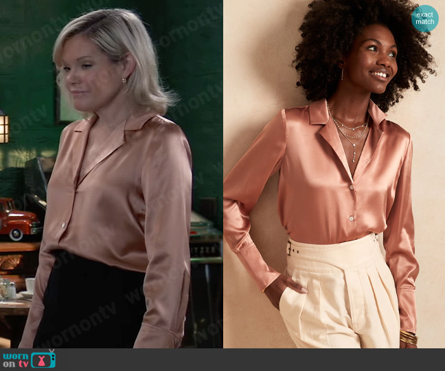 Banana Republic Silk Resort Shirt in Blush worn by Ava Jerome (Maura West) on General Hospital