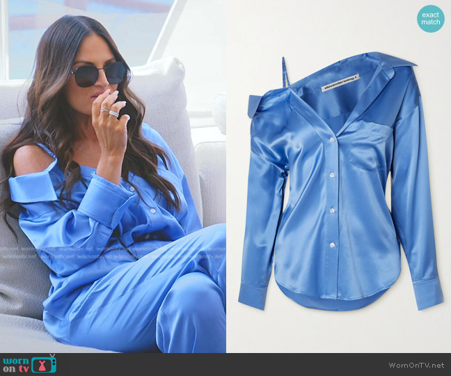 alexanderwang.t Cold-Shoulder Silk-Satin Shirt in Blue worn by Lisa Barlow on The Real Housewives of Salt Lake City