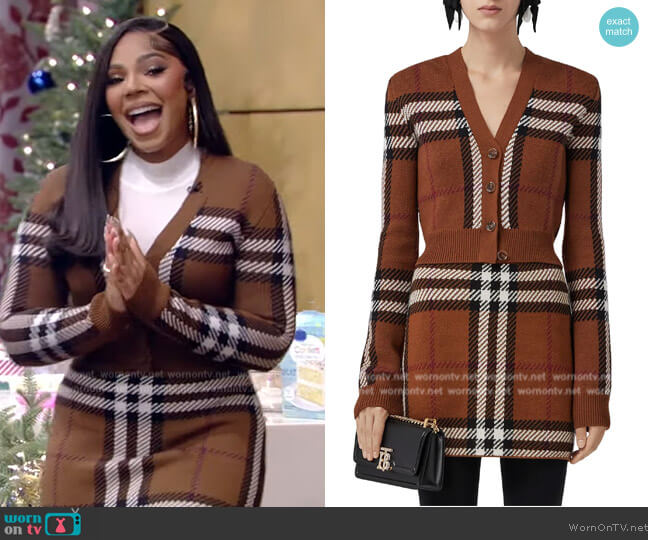 Burberry Keelan Check V-Neck Crop Wool Cardigan and Skirt worn by Ashanti on Live with Kelly and Mark