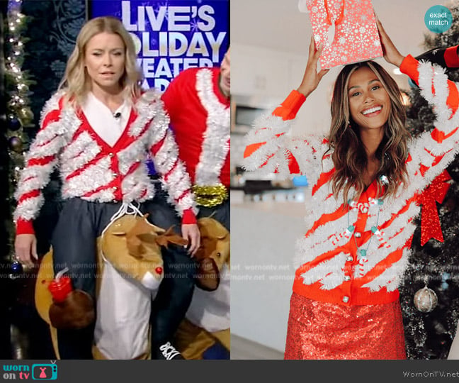 Tipsy Elves Candy Cane Tinsel Cardigan worn by Kelly Ripa on Live with Kelly and Mark