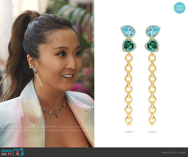 Nadine Aysoy Catena Double Stone Long Enamel Earring worn by Mindy Chen (Ashley Park) on Emily in Paris