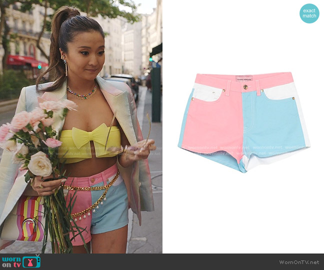 Chiara Ferragni Colorblock Denim Shorts worn by Mindy Chen (Ashley Park) on Emily in Paris