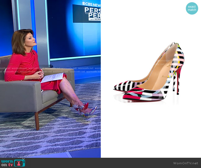 Christian Louboutin Patent Cinestripes Pigalle Follies Pumps in Multi worn by Norah O'Donnell on CBS Evening News