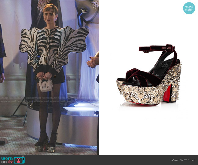 Christian Louboutin Superyaz Platform Sandals in Wine worn by Emily Cooper (Lily Collins) on Emily in Paris