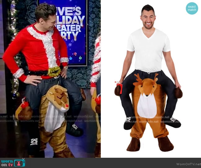 Ugly Christmas Sweater Christmas Reindeer Ride On with LED Light Up Nose worn by Ryan Seacrest on Live with Kelly and Mark