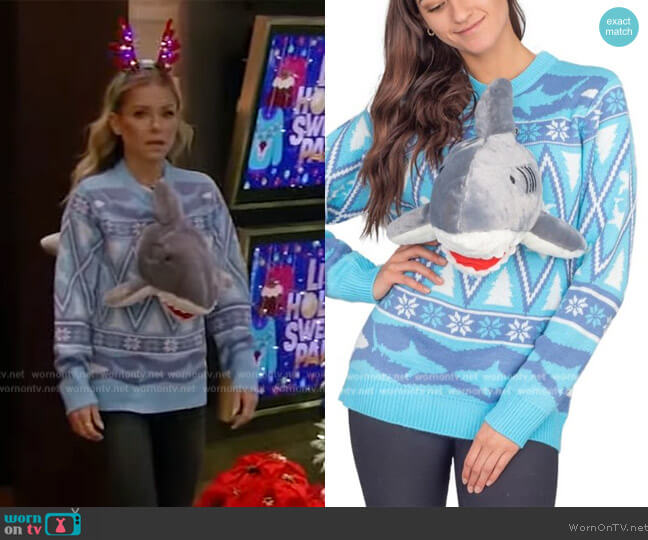 Ugly Christmas Sweater 3D Shark Plushie Ugly Christmas Sweater worn by Kelly Ripa on Live with Kelly and Ryan