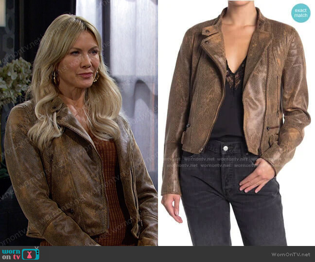 Free People Fenix Snake Embossed Faux Leather Moto Jacket worn by Kristen DiMera (Stacy Haiduk) on Days of our Lives