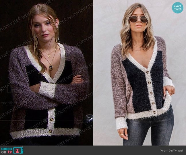 Love Stitch Fuzzy Love Colorblock Cardigan worn by Alice Caroline Horton (Lindsay Arnold) on Days of our Lives