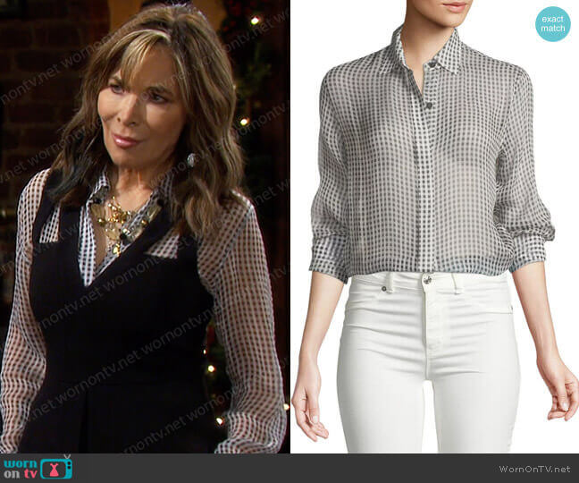 Theory Gingham Essential Silk Button-Down Top worn by Kate Roberts (Lauren Koslow) on Days of our Lives