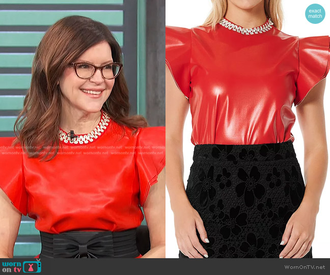 Gracia Ruffle Sleeve Faux Leather Top worn by Lisa Loeb on Access Hollywood
