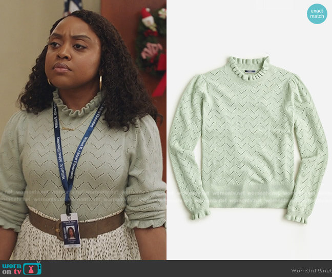J. Crew Cashmere pointelle mockneck sweater worn by Janine Teagues (Quinta Brunson) on Abbott Elementary