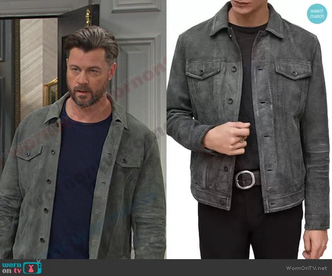 John Varvatos Andrew Slim Fit Leather Trucker Jacket worn by EJ DiMera (Dan Feuerriegel) on Days of our Lives