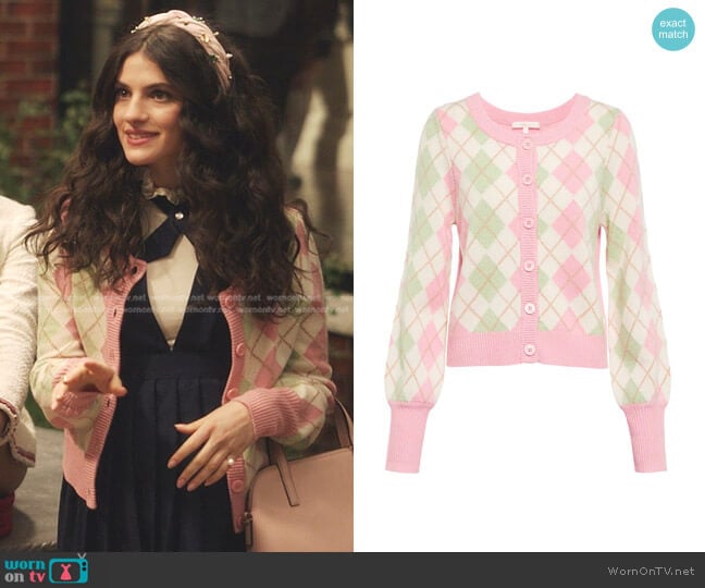 LoveShackFancy Ginnie argyle wool-blend cardigan worn by Bianca Breer (Ella Rubin) on Gossip Girl