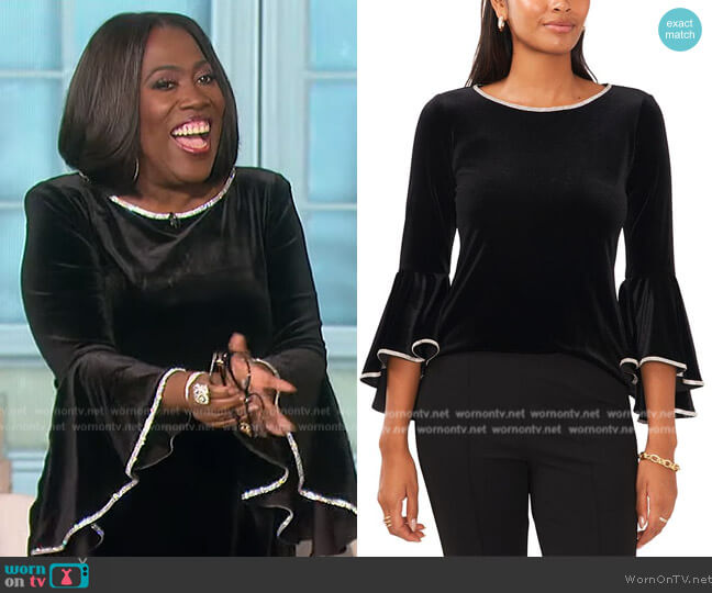 MSK Embellished Velvet Ruffled Bell-Sleeve Top worn by Sheryl Underwood on The Talk
