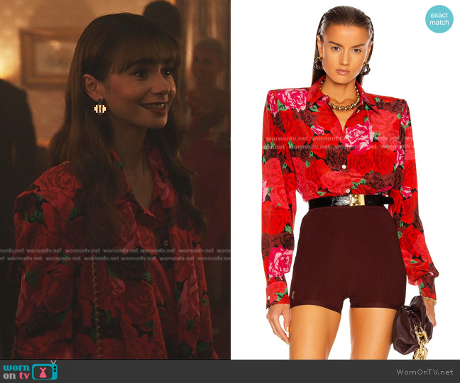 Magda Butrym Floral Print Shirt worn by Emily Cooper (Lily Collins) on Emily in Paris