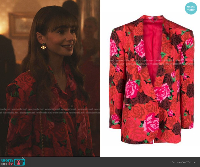 Magda Butrym Floral-Print Silk Blazer worn by Emily Cooper (Lily Collins) on Emily in Paris