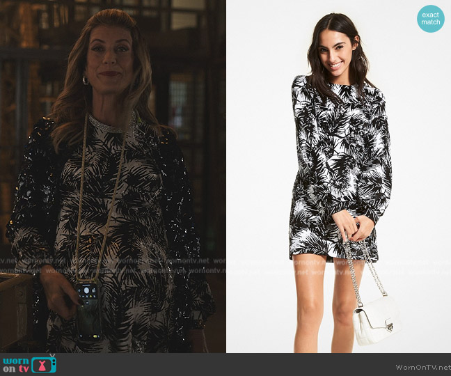 Michael Kors Palm Sequined Tulle Mini Dress worn by Madeline Wheeler (Kate Walsh) on Emily in Paris