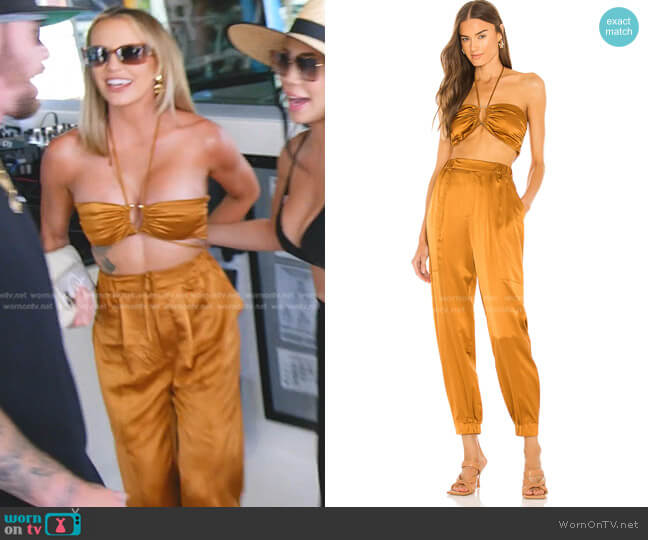 Nicholas Maura Bra Top with U-Bar and Straps and Pants in Caramel worn by Whitney Rose on The Real Housewives of Salt Lake City