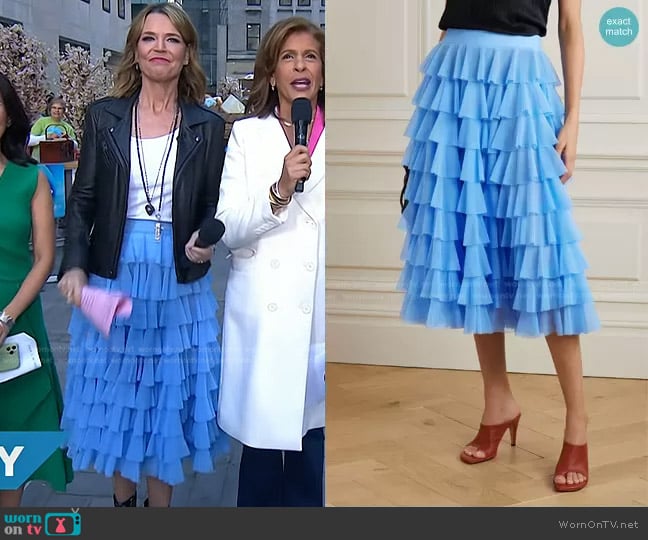 Norma Kamali Ruffled Tiered Tulle Midi Skirt worn by Savannah Guthrie on Today