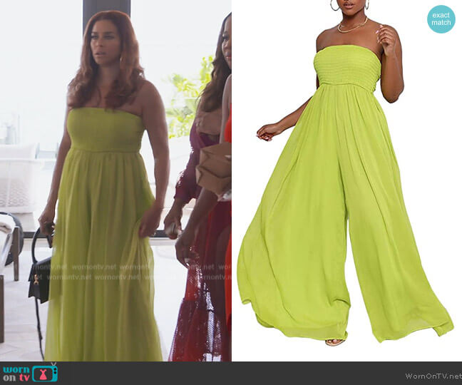 Ophestin Off Shoulder Smocked Wide Leg Jumpsuit worn by Robyn Dixon on The Real Housewives of Potomac