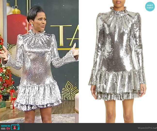 Paco Rabanne Sequin Mock Neck Flare Cuff Long Sleeve Minidress worn by Tamron Hall on Tamron Hall Show