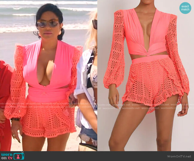 PatBO Crochet Sleeve Bodysuit and Shorts worn by Jen Shah on The Real Housewives of Salt Lake City