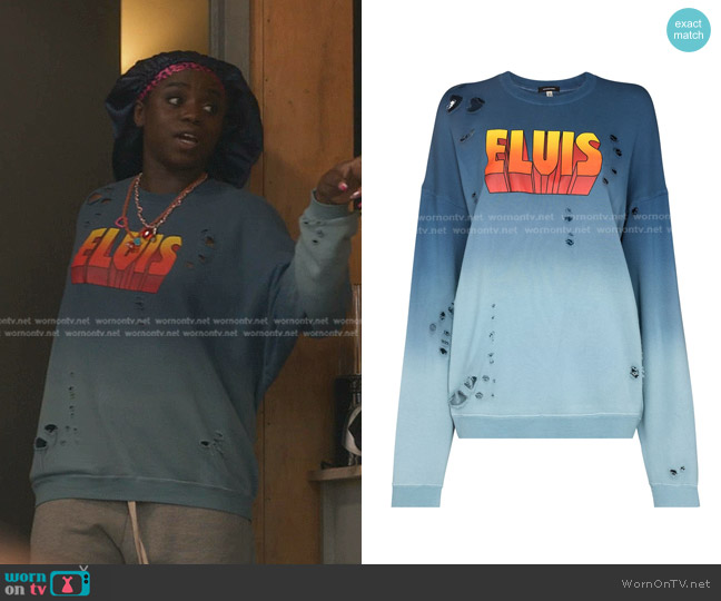  Elvis-Print Distressed-Effect Sweatshirt R13 worn by Shan  on Gossip Girl