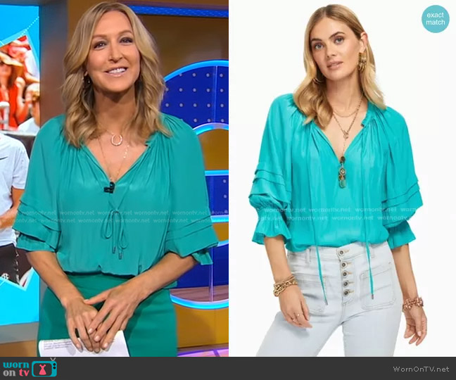 Ramy Brook Randi Puff Sleeve Top In Oasis worn by Lara Spencer on Good Morning America