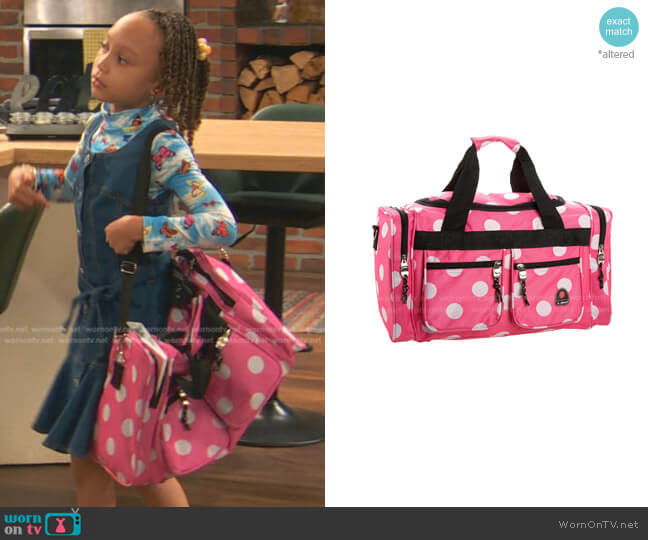 Rockland Duffel Bag in Pink White Dots worn by Alice Baxter (Mykal-Michelle Harris) on Ravens Home