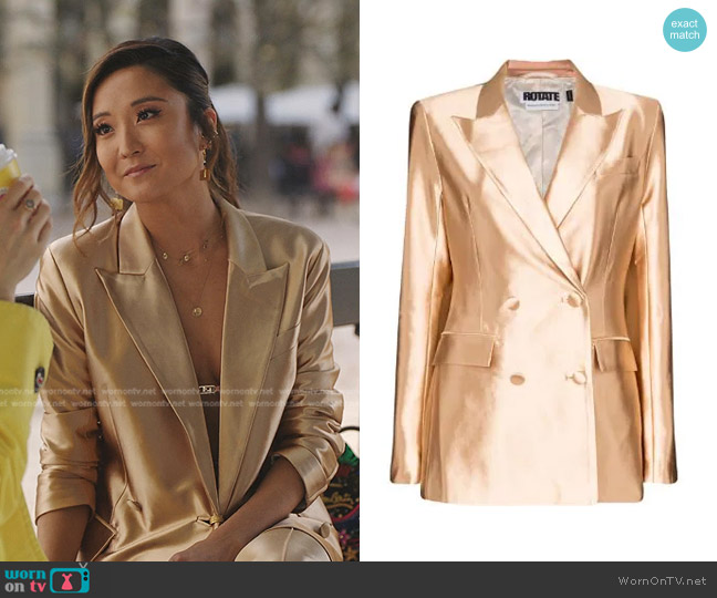 Rotate Augustina Metallic Double-Breasted Blazer worn by Mindy Chen (Ashley Park) on Emily in Paris