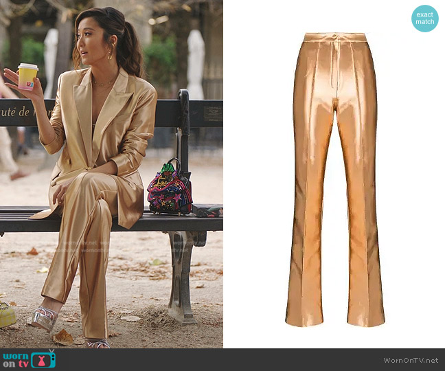 Rotate Robyn Metallic Trousers worn by Mindy Chen (Ashley Park) on Emily in Paris