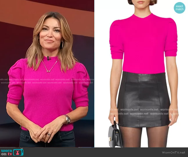 Frame Ruched Sleeve Cashmere-Wool Sweater in Magenta worn by Kit Hoover on Access Hollywood