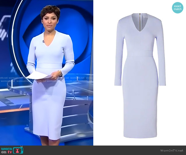 Scanlan Theodore Belted Long-Sleeve Midi-Dress in Lilac worn by Jericka Duncan on CBS Evening News