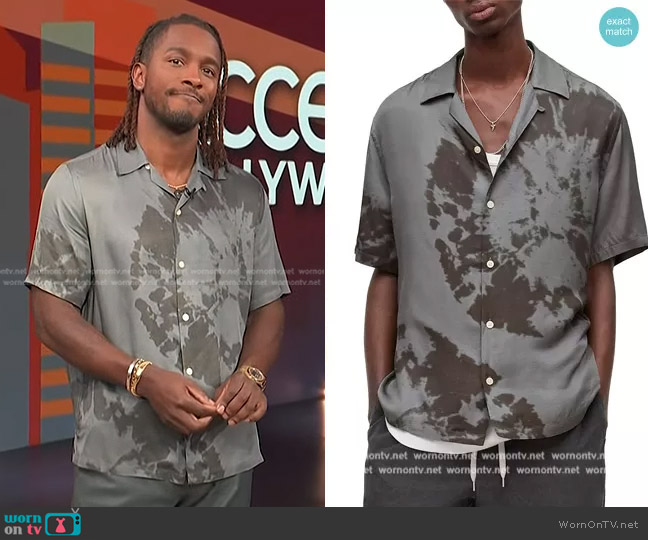 All Saints Silverlake Relaxed Fit Tie Dye Print Camp Shirt worn by Scott Evans on Access Hollywood