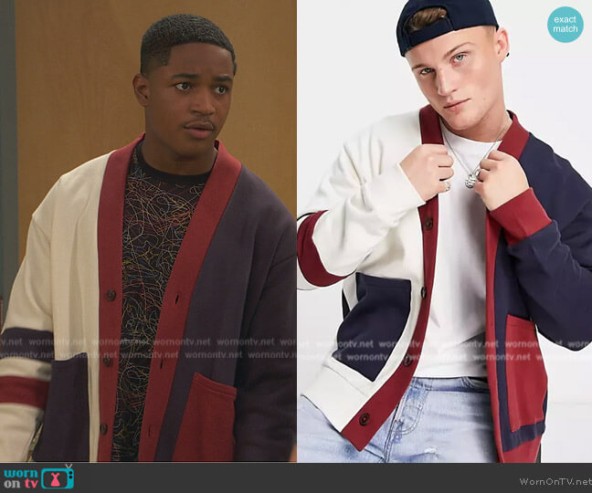 Topman Color block Cardigan in Navy worn by Booker Baxter (Issac Ryan Brown) on Ravens Home