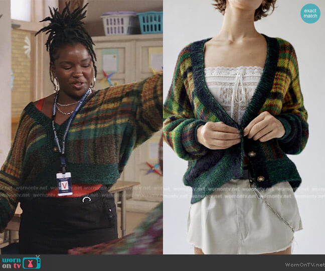 Urban Outfitters Thea Fuzzy Plaid Cardigan worn by (Courtney Taylor) on Abbott Elementary