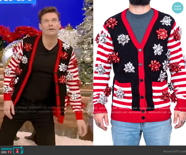 Ugly Christmas Sweater Wrapping Bow Cardigan worn by Ryan Seacrest on Live with Kelly and Ryan