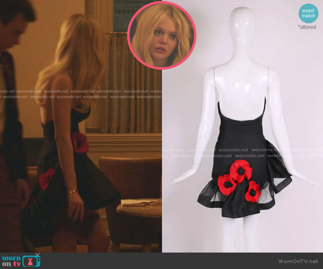 Saint Laurent Vintage Strapless Gazar Mini Cocktail Dress with Poppies worn by Audrey Hope (Emily Alyn Lind) on Gossip Girl