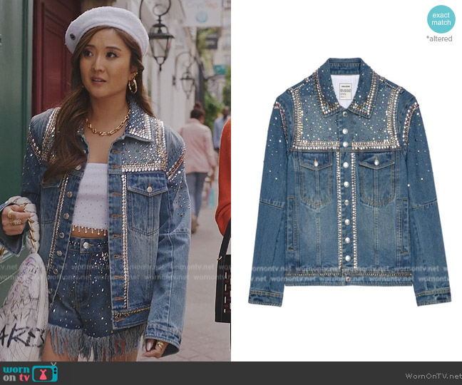 Zadig and Voltaire Crystal-embellished Denim Jacket worn by Mindy Chen (Ashley Park) on Emily in Paris